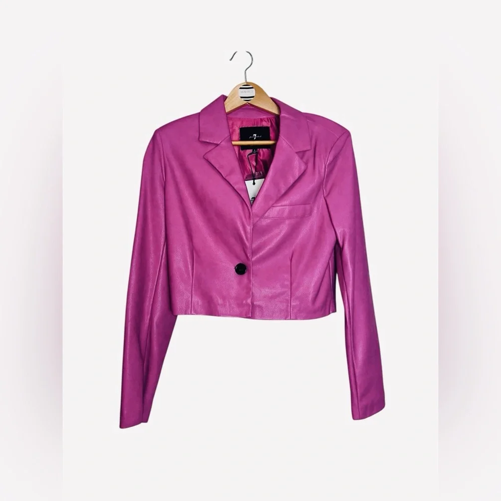 7 for All Mankind Pink Vegan Leather Cropped Moto Jacket